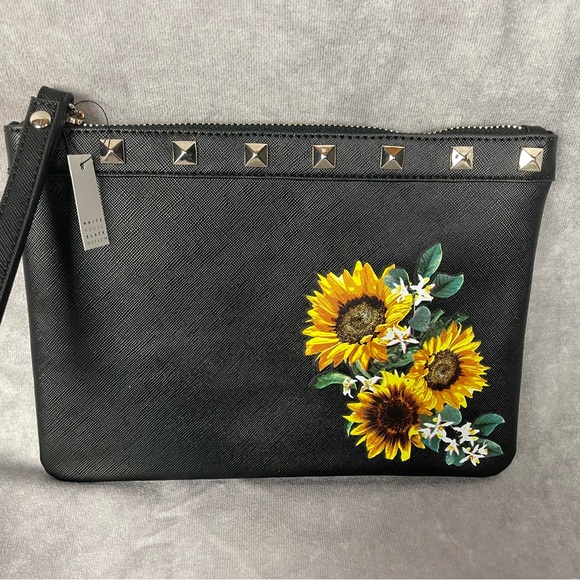 NWT White House Black Market Wristlet Clutch in Black with Yellow Flowers